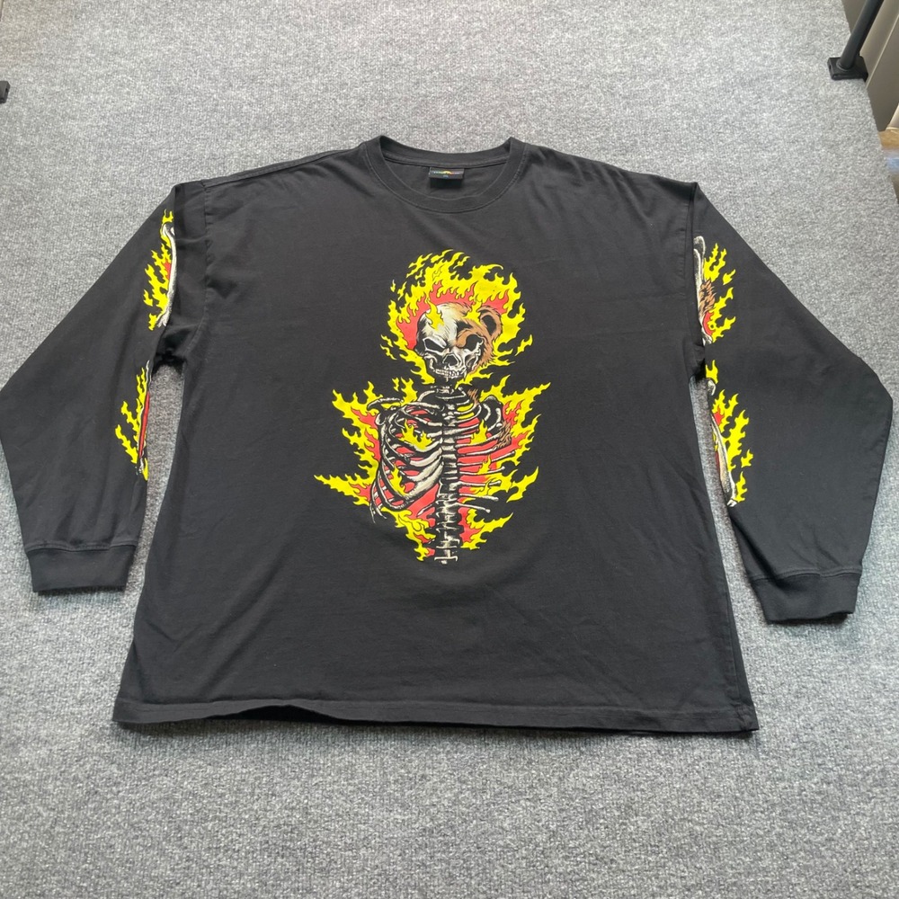 Teddy Fresh Long Sleeve Shirt Mens 2XL Black Flaming Skeleton Bear Graphic Tee